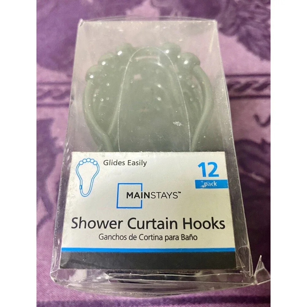 Mainstay Lightweight Clear Shower Liner & 12 Mainstay Black Shower Curtain Hooks